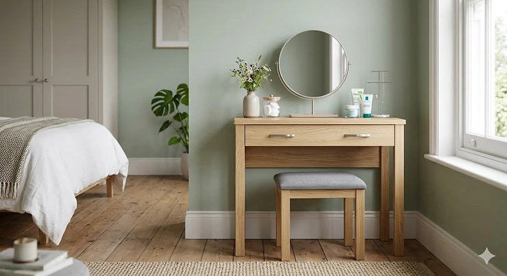 A compact oak space-saving dressing table with a circular mirror, featuring sleek drawers and a stool tucked underneath in a modern British bedroom. space saving dresser with mirror
