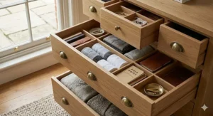 Internal view of a wide 12 drawer chest showing organised clothing and linens.