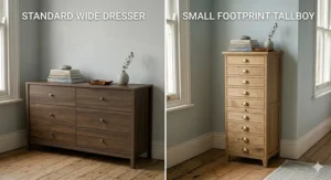 Comparison graphic showing how a 10 drawer tallboy saves floor space compared to a standard wide dresser.