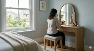 A dresser with attached mirror decorated with a vase of flowers and perfume bottles in a bright, airy British home.