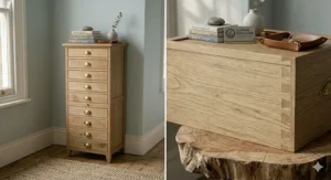 Handcrafted sustainable oak 10 drawer chest with a small footprint, ideal for eco-conscious UK interiors.
