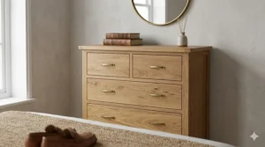 An illustration showing how a tall narrow chest of drawers with 8 compartments saves floor space in a small UK dressing room alcove.