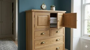 A traditional mahogany tallboy chest of drawers with 8 drawers and antique-style brass handles in a classic British interior.