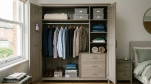 A large triple wardrobe with hanging rails and integrated shelving from a matching furniture set.