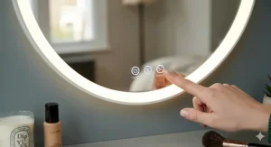 An illuminated mirror on a bedroom vanity dresser set featuring adjustable LED touch-screen lighting for makeup application.