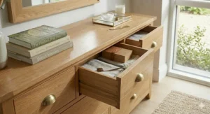 Mid-century modern dresser and mirror set in dark walnut wood with tapered legs and a circular vanity mirror.