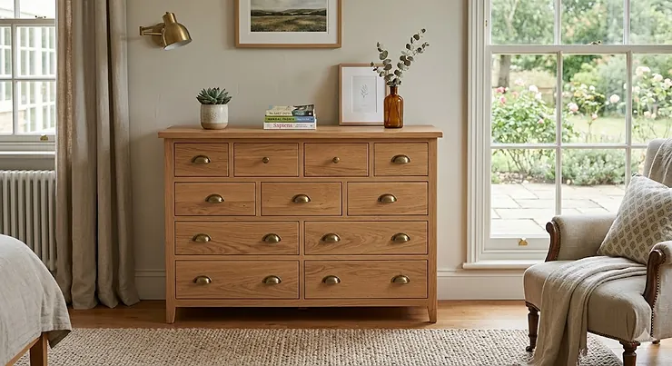 A large white 12 drawer chest of drawers styled in a modern British master bedroom with wooden flooring. 12 drawer chest