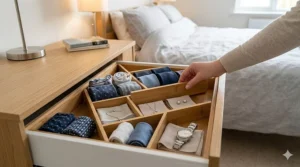 Kitchen drawer organised with adjustable dividers separating various cooking utensils.