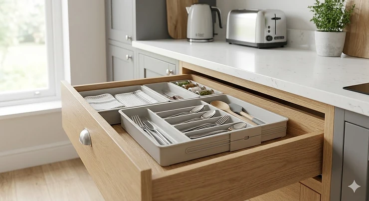 A set of adjustable width drawer organisers perfectly fitted into a tidy kitchen drawer holding cutlery. adjustable width drawer organisers