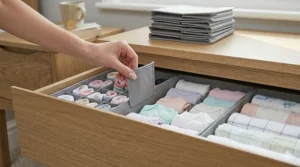 A hand adjusting a fabric drawer divider within an organised drawer to show how the flexible storage system works.