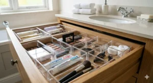 Clear acrylic drawer organisers keeping toiletries and bathroom essentials neat in a vanity unit.