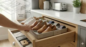 An adjustable drawer organiser neatly holding skincare bottles and bathroom essentials in a vanity drawer.