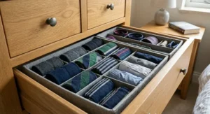 Fabric drawer organisers holding folded socks and underwear inside a bedroom chest of drawers.