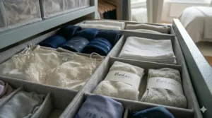 Close-up detail of soft-touch drawer dividers demonstrating how they maintain order and prevent damage to delicate items.