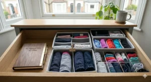 Long slot drawer organisers keeping padded bras upright and neatly stacked to prevent damage in a bedroom dresser.