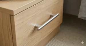 Alt text for image 6: Detailed shot of the contemporary brushed chrome handles fitted to the drawers of the bedside and chest combo.
