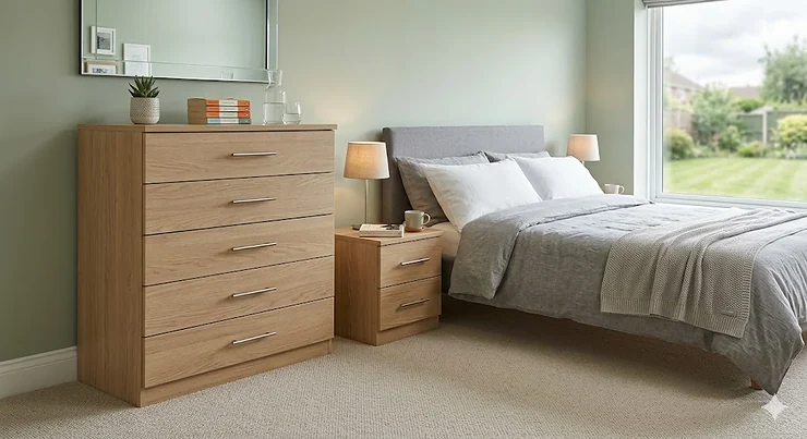 Alt text for image 1: A matching set featuring a wide 3-drawer chest and two bedside tables in a light oak finish, styled in a modern British bedroom with natural window lighting. budget chest and bedside combo