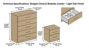 Alt text for image 2: Technical diagram showing the height, width, and depth in cm for the chest of drawers and bedside units.