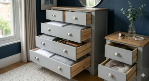 An open chest of drawers and bedside table showing deep storage space and smooth metal runners for easy use.
