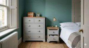 A compact chest and bedside table set designed to fit perfectly into a smaller UK guest room or terrace house bedroom.
