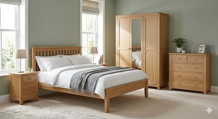 A complete bedroom furniture set in light oak, including a double bed frame, matching wardrobes, and bedside tables in a modern British home. complete bedroom furniture set