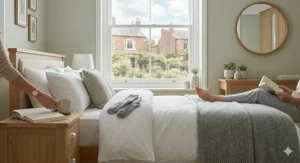 A styled UK bedroom featuring a complete furniture set, showing how to coordinate decor and lighting.