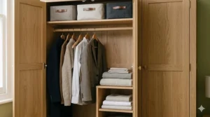 A coordinated five-drawer chest of drawers positioned next to a matching dressing table with a vanity mirror and stool.