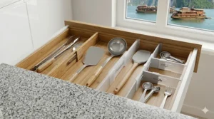 Detailed view of the locking mechanism on an adjustable drawer divider for a custom fit.