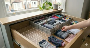 Stacking plastic storage boxes used as underwear organisers inside a deep wooden chest of drawers.