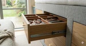 A luxury divan bed base featuring pull-out storage drawers with a smooth soft-close closing action.