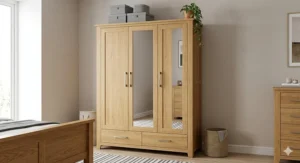 Close-up of a sturdy double bed frame from the complete bedroom furniture set with neutral bedding.