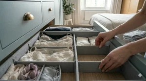 A practical set of drawer dividers showcasing an efficient way to organise underwear and socks in a small chest of drawers.