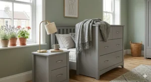 Flat-pack assembly guide and hardware for a value bedroom furniture set, demonstrating a straightforward DIY setup.