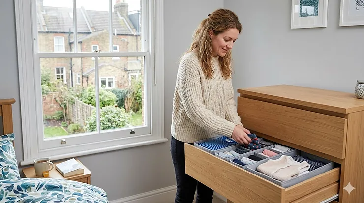 A woman neatly arranging baby clothes in a chest of drawers using fabric drawer dividers in a bright, modern bedroom. fabric drawer dividers