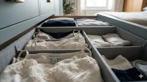 Close-up shot showing fabric drawer organisers neatly separating various pieces of delicate lingerie and hosiery.