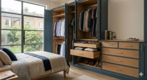 Custom-built fitted wardrobes in a London townhouse, featuring integrated storage and silent soft-close drawer runners.