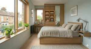 Floor-to-ceiling fitted wardrobes with mirrored sliding doors to maximise storage and reflect light in a small British box room.