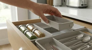 A person demonstrating how to slide an adjustable drawer organiser to fit the width of a drawer.