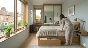 A minimalist floating wall desk doubling as a dressing table with a vanity mirror, showcasing clever space saving bedroom furniture.
