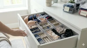 A photorealistic high-angle view looking down into a flawlessly organized white dresser drawer. Matching bras, folded socks, and briefs are neatly filed within dividers, bathed in soft, natural daylight, demonstrating complete tidy storage.