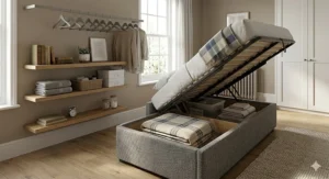 A grey upholstered ottoman bed frame lifted to reveal spacious hidden storage for spare bedding and pillows.