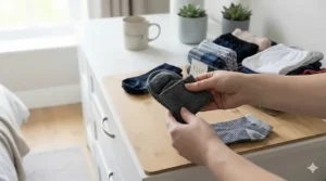 A close-up view of hands neatly folding a grey cotton sock using the space-saving vertical filing method on a light wooden sorting mat, set in a bright bedroom.
