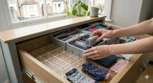 Graphic illustration demonstrating how to neatly fold and roll underwear to fit perfectly into small organiser compartments.