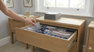 A hand inserting a fabric drawer divider into an open drawer, highlighting the ease of use for bedroom storage organisation.