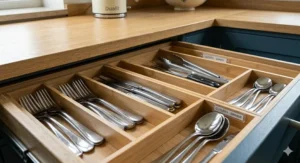 A set of drawer organisers used for sorting cutlery and kitchen utensils in a modern home.