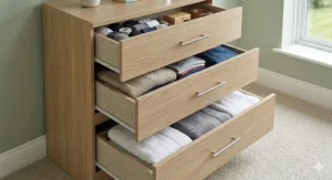 Alt text for image 7: Illustration of the chest with drawers open, demonstrating space for folded clothes and linens for a master bedroom.