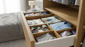 Using long adjustable drawer dividers to create sections in a deep kitchen pan drawer.