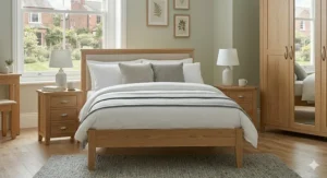 A pair of matching bedside tables with drawers positioned on either side of a bed for a symmetrical look.