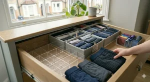 Men's everyday cotton boxers and sports socks folded uniformly inside a dark grey felt drawer storage organiser.
