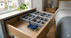 Side-by-side comparison of a cluttered, messy sock drawer next to a tidy drawer using adjustable dividers to categorise underwear.